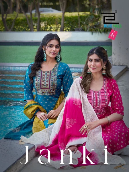 Janki By Blue Hills Rayon Embroidery Wholesale Kurti With Bottom Dupatta In India
